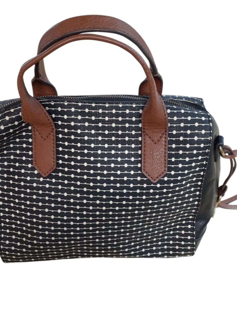 Fossil Fiona Satchel Purse HandBag Black White Stripe Leather 9" x 12" - Picture 3 of 5
